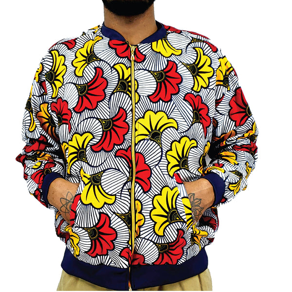 MEN'S AFRICAN PRINT BOMBER (FLOWER/YELLOW/RED)