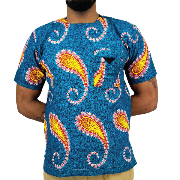 MEN'S AFRICAN PRINT SHORT SLEEVE TRADITIONAL SHIRT (ROYAL)