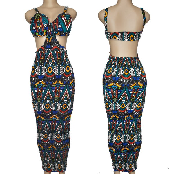 Nia Cutout Dress 2 (Gold/ Blue Tribal)