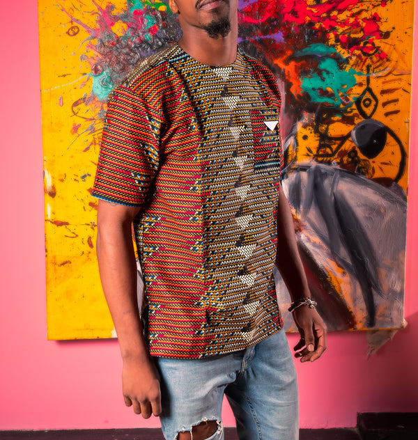 MEN'S AFRICAN PRINT SHORT SLEEVE TRADITIONAL SHIRT (BROWN/TEXTILE)