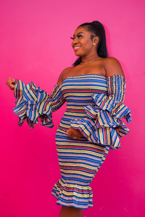 3 Sisters Off Shoulder Dress (Stripe)